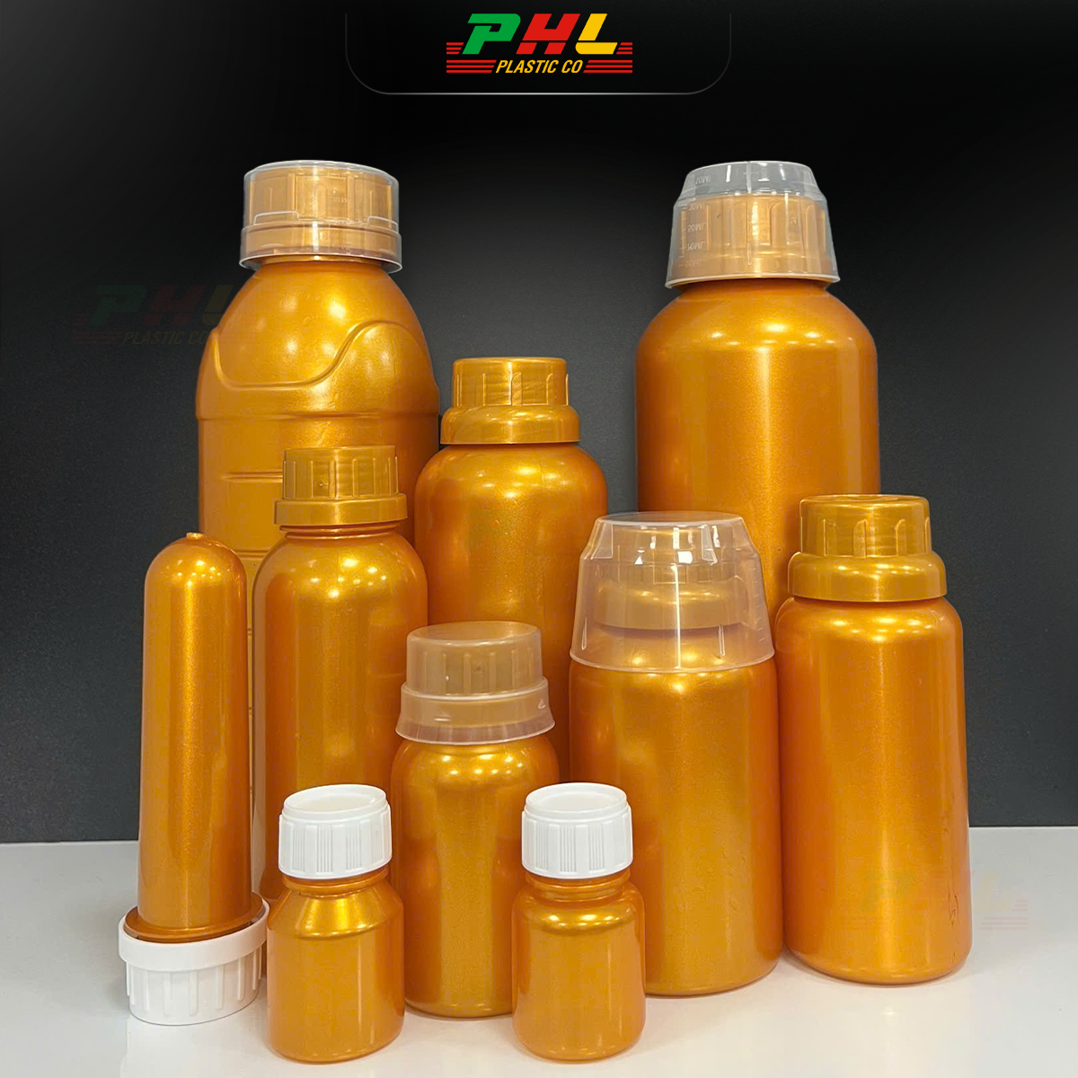 PET Bottle Collection 20mL – 1000mL with Metallic Effect – Gold Metallic Color